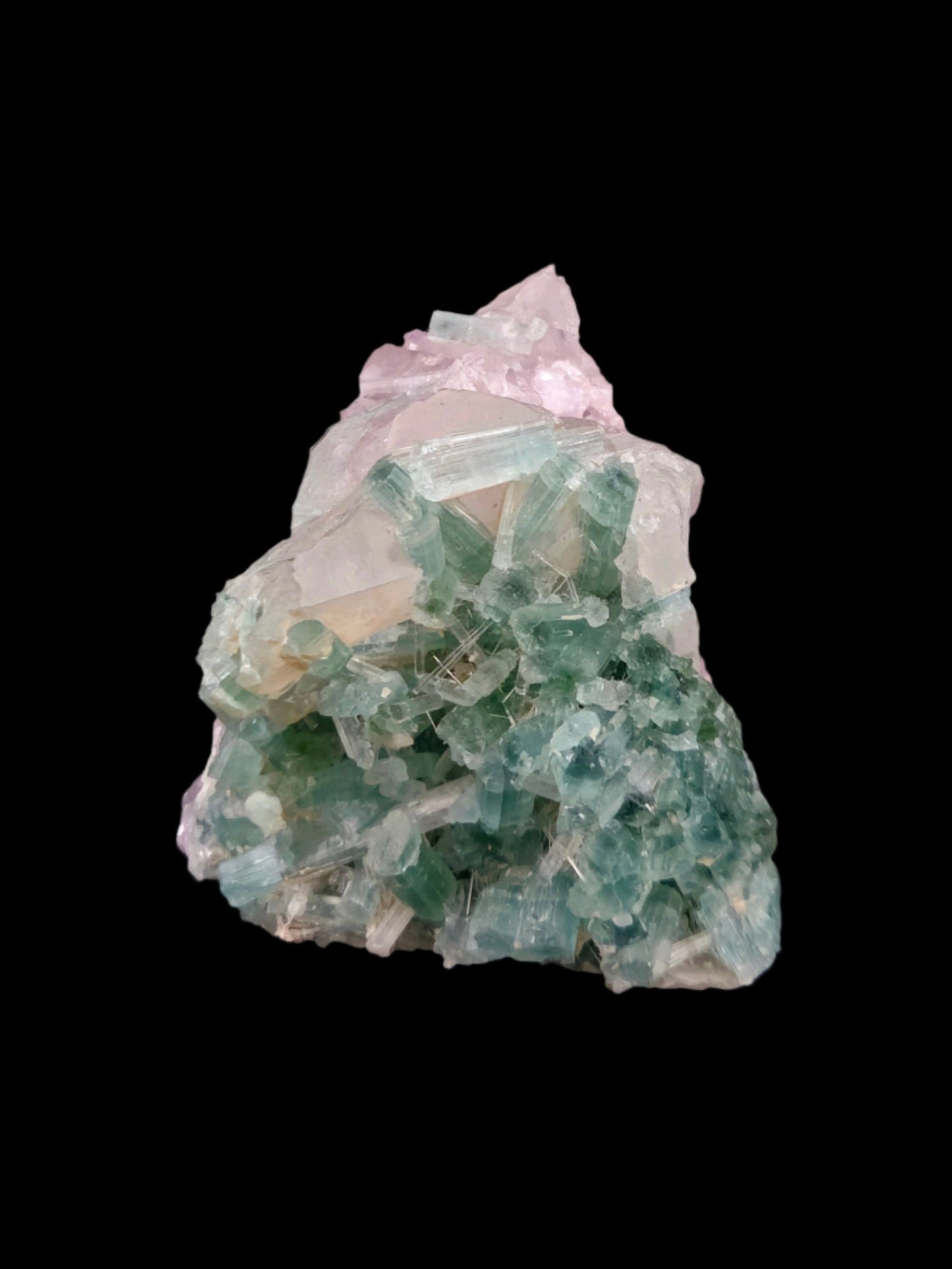 Indicolite Tourmaline with Quartz in Matrix and Lepidolite โ High-Grade Collector Crystal